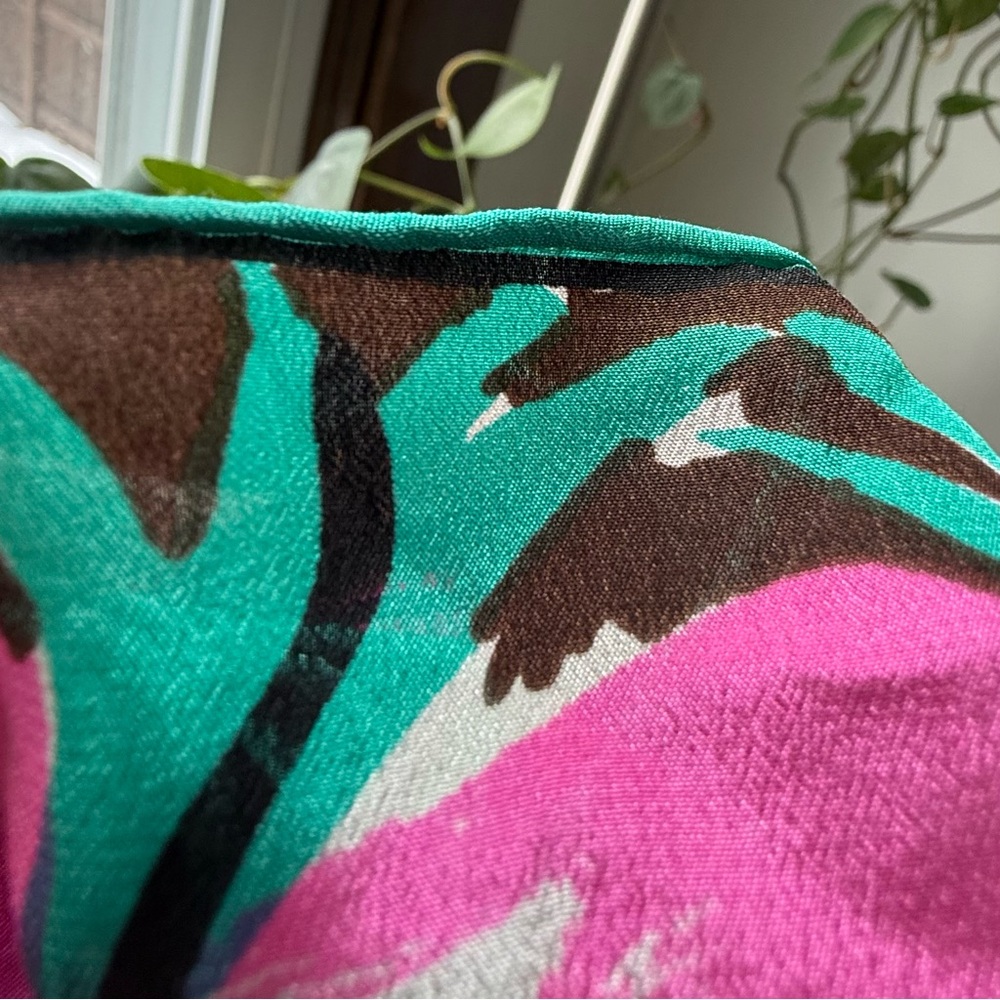 Vintage Vera Neumann Floral Scarf Pink Green Brown Hand Rolled Ladybug Logo - Picture 11 of 13